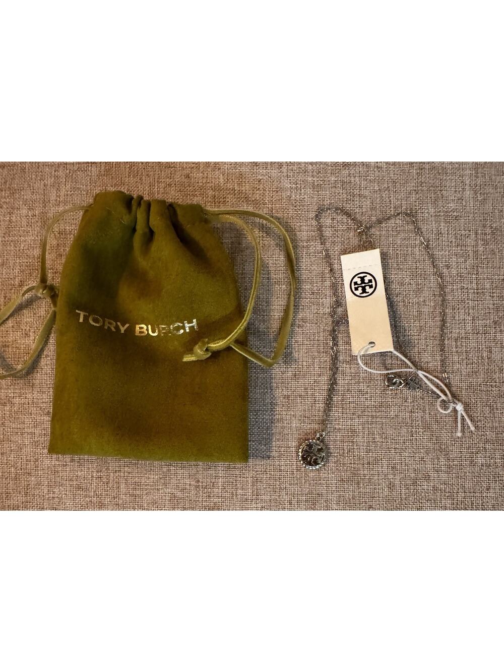 Tory Burch Miller Small Rope Logo Pendant Necklace Silver Tone Chain 18 inch.